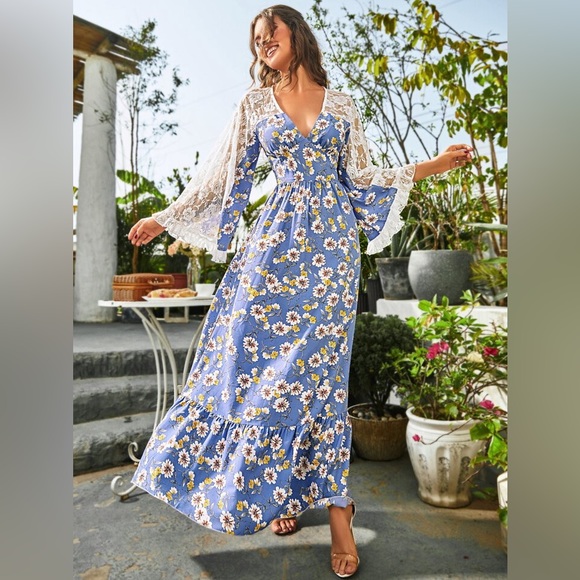 Dresses & Skirts - Floral Print Contrast Lace Ruffle Hem Maxi Dress